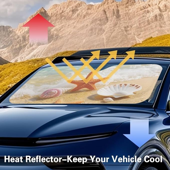 Beach Seashell Windshield Sun Shade Foldable Car Front Window Sunshade with Storage Bag Universal for Car Truck SUV Reflective Sun Visor Protect Car from Sun Rays & Heat Damage
