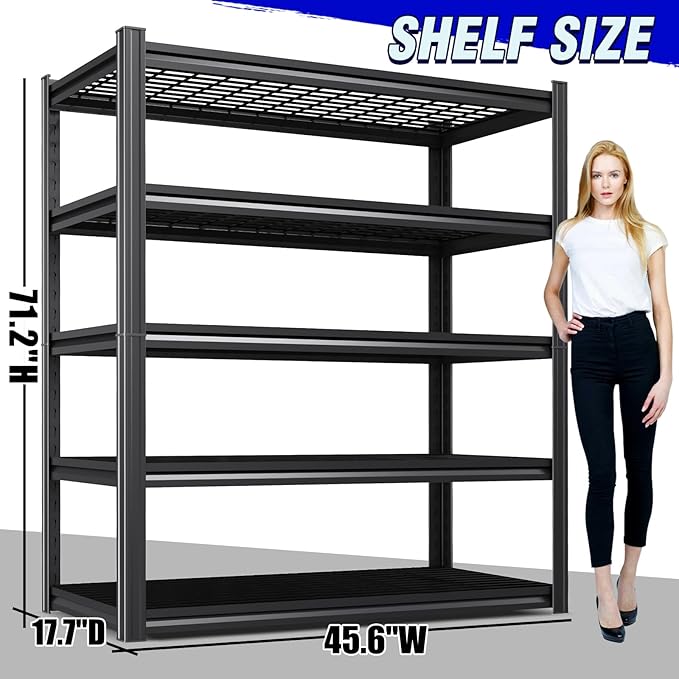 2Pack Storage Shelves 5-Tier Heavy-Duty Steel Storage Shelving Unit Adjustable Boltless Rack, 2500 lbs Capacity – Durable Organizer for Garage, Kitchen, Basement & Workshop 71”x46”x17.7” Black