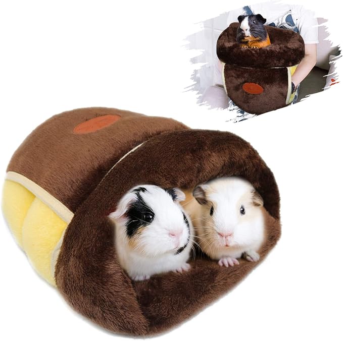 YUEPET Guinea Pig Bed Cuddle Cave, Warm Fleece Hideout, Brown | Cozy Guinea Pig House, Portable Guinea Pig Hideout, Soft Coral Fleece, Washable Cushion, Folds Flat for Storage