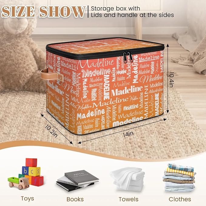 Custom Storage Basket with Name, Personalized Keepsake Box with Zipper Lid, Foldable Fabric Memory Bin Large capacity with Handle Orange