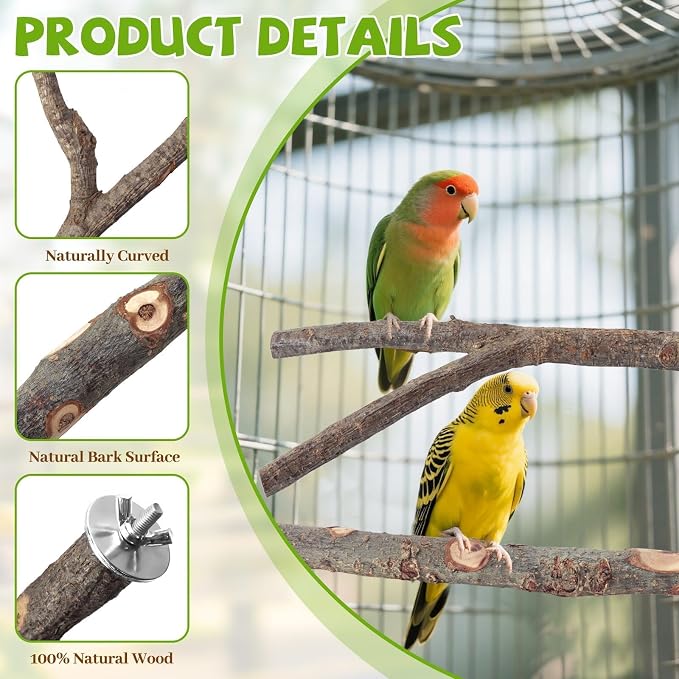 12 Pcs Natural Wood Bird Perch Stand & Platform Set for Cages | Ideal for Small/Medium Birds (Budgies, Conures) | Bark Textures for Foot Health | Tool-Free Wing-Nut | Safe Chewing