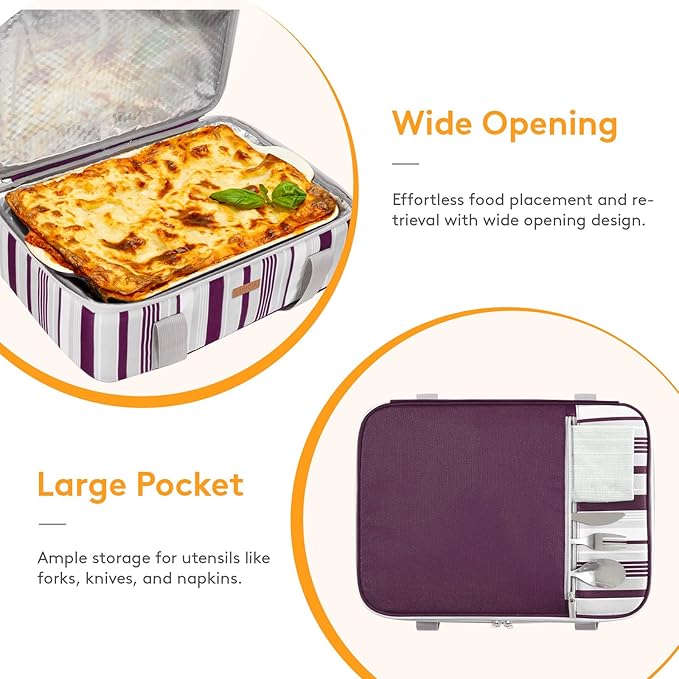 LUNCIA Insulated Single Decker Casserole Carrier, Lasagna Lugger Tote Keeps Food Hot or Cold, Thermal Lunch Bag for Potluck Parties, Picnic and Cookouts, Fits 9" x 13" Baking Dish, Purple