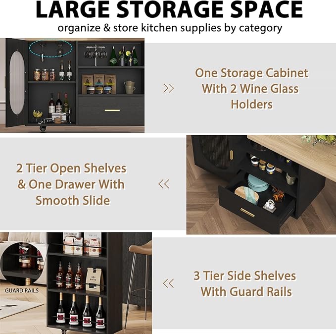 HSH 72" Rolling Kitchen Island with Seating, 360° Swivel Table, Kitchen Island with Storage Cabinet, Drawer & Shelves, Farmhouse Mobile Island Cart on Wheels for Dining Room & Home Bar, Black Oak
