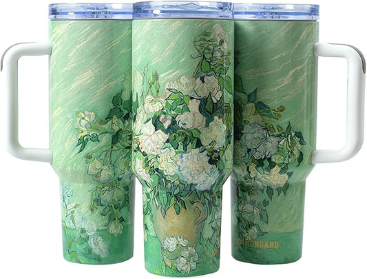 Jormungand 40 oz Tumbler with Handle and Straw, Vacuum Insulated Stainless Steel Cup & Water Bottle, Leakproof Lid, BPA-Free, Cup Holder Friendly for Travel, Keeps Drinks Hot & Cold Roses