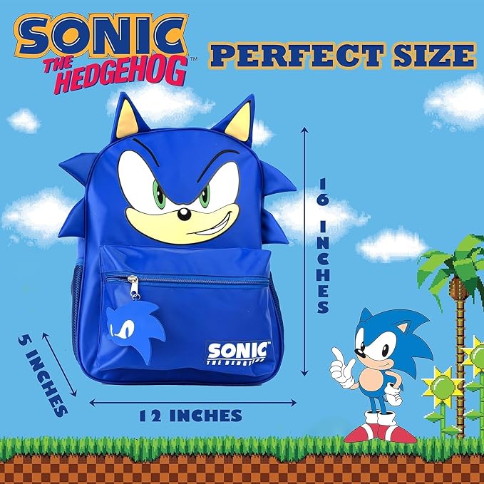AI ACCESSORY INNOVATIONS Sonic Backpack for Boys & Girls, Bookbag with Adjustable Shoulder Straps & Padded Back,16 Inch Schoolbag with 3D Features, Blue