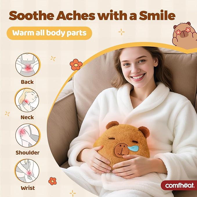 Capybara Microwave Heating Pad for Pain Relief, Moist Heat Pack Unscented Hot Compress for Period Cramps, Shoulder, Muscles, Cute Stuffed Animal Heat Pad, Gift for Women Kids, Washable Cover