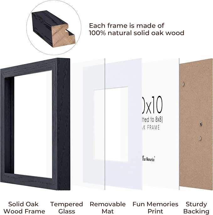 Fun Memories 10x10 Picture Frames, Square Frame 10 by 10 with Mat for 8 by 8, Rustic Oak Wood Frame 10"x10", 10 x 10 Wood Frame Set of 4, Minimalist 10x10 Photo Frames, Black Color