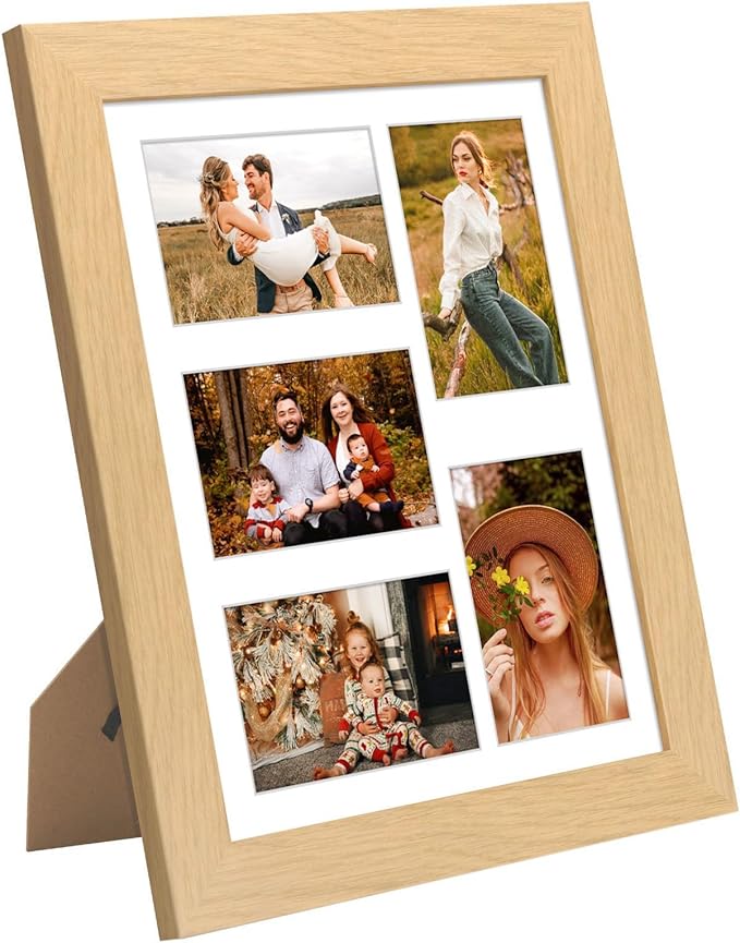 11x14 Picture Frame Display 5 opening 4X6 Picture Frame Collage,Multi Photo Frame with Mat,Plexiglass,Wall or Tabletop Decor,Natural Wood Grain