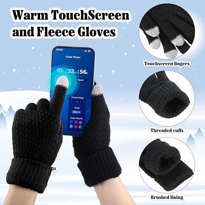 SATINIOR 5 Pcs Winter Satin Lined Hat Scarf Gloves Set Knit Pompom Beanie Warm Touchscreen Glove Earmuff Ear Warmer for Women
