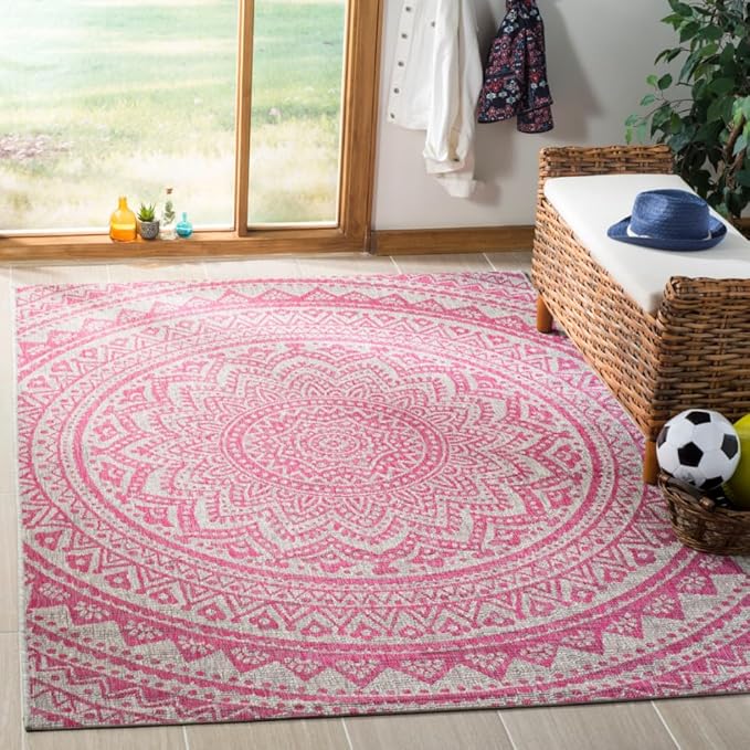 SAFAVIEH Washable Rug Outdoor Courtyard Collection - 6'7" x 9'6", Light Grey & Fuchsia Pink Purple, Non-Shedding & Easy Cleaning, Ideal for Patio, Backyard, Mudroom (CY8734-39712)