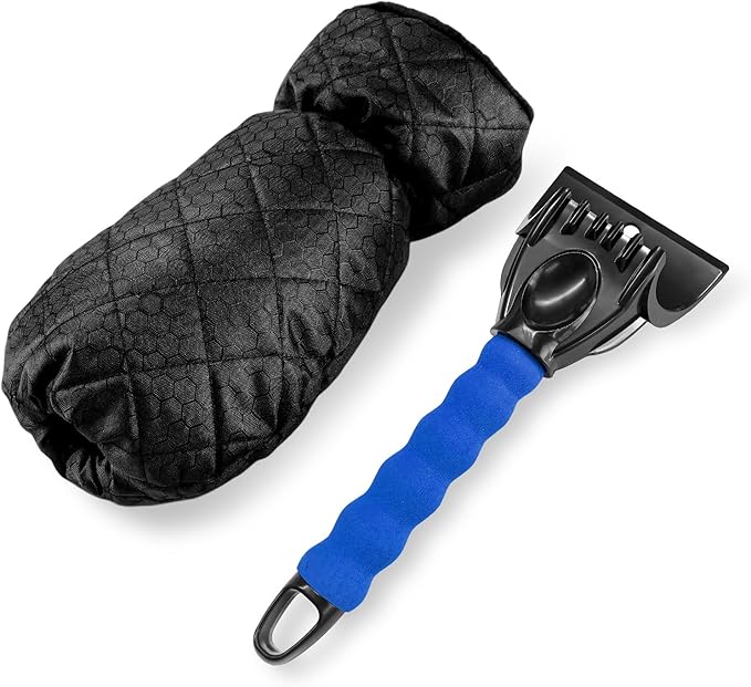 Car Ice Scraper, Auto Windshield Ice Shovel with Warm Thermal Waterproof Glove, Scratch-Free Car Window Snow Scraper Mitt Windproof Winter Cleaning Tool for Most Vehicles (Blue)