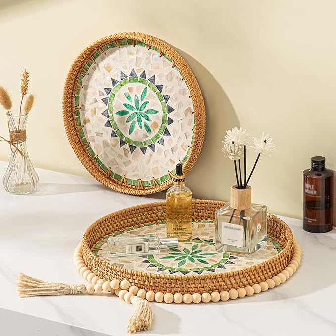 Round Rattan Tray Home Decor with Wood Bead Garland, 12'' Wicker Serving Tray with Mother of Pearl Inlay, Boho Decorative Tray for Coffee Table, Bathroom, Ottoman, Kitchen Table (Coastal Blue)