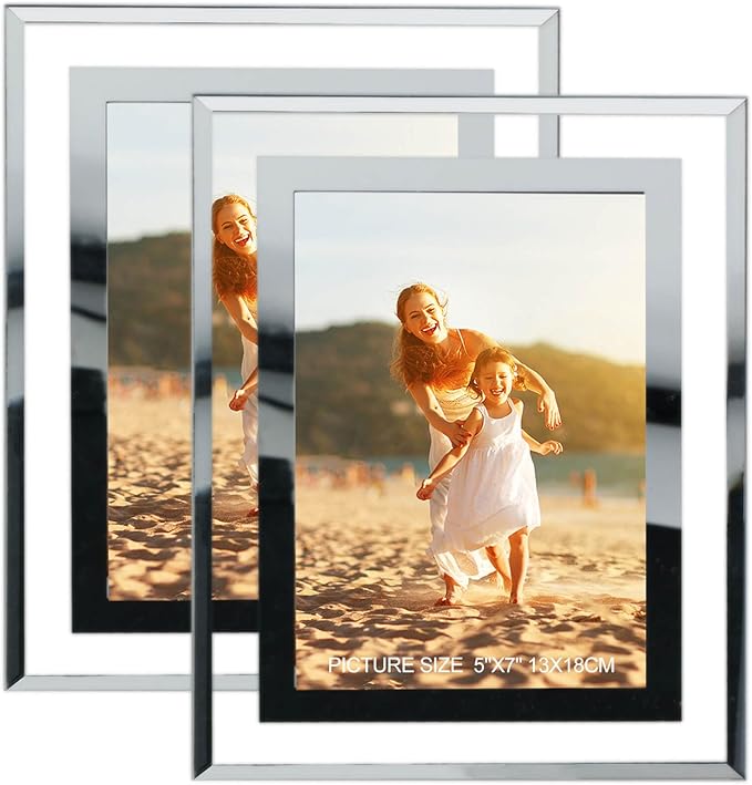 5x7 Picture Frames Silver - Set of 2, HD Real Glass 5 by 7 Photo Frame Mirrored Edge for Tabletop Display, Wedding Birthday Christmas Day Gifts (5 x 7, Silver)