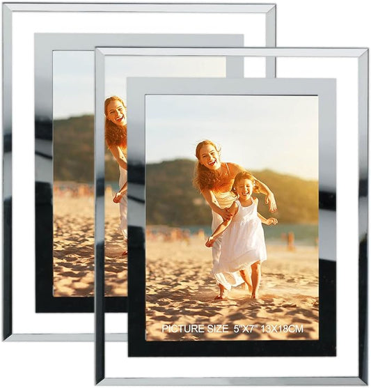 5x7 Picture Frames Silver - Set of 2, HD Real Glass 5 by 7 Photo Frame Mirrored Edge for Tabletop Display, Wedding Birthday Christmas Day Gifts (5 x 7, Silver)