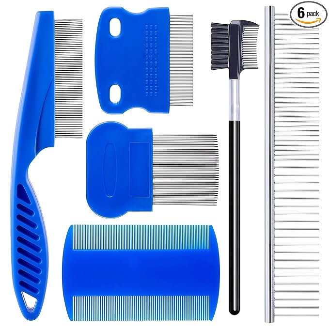 6 Pack Pet Grooming Combs, Stainless Steel Dog and Cat Grooming Combs with Rounded Teeth, Double-Sided Professional Pet Tear Stain Remover for Small, Medium, and Large Pets (Blue)