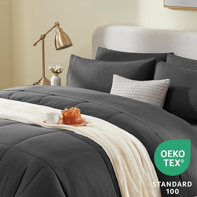 CozyLux Oversized Queen Comforter Sets Dark Grey, 7 Pieces Bed in a Bag, Ultra-Soft All Season Bedding Sets with Stitch Quilted Comforter, Flat Sheet, Fitted Sheet, Pillowcases, Dark Gray