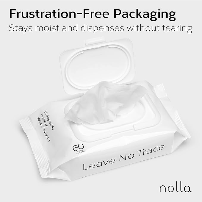 Nolla Flushable Wipes | 100% Plant-Based and Biodegradable - Soft, Unscented + Soothing Aloe and Vitamin E - For Adults and Kids 600 Count (10 Packs of 60)