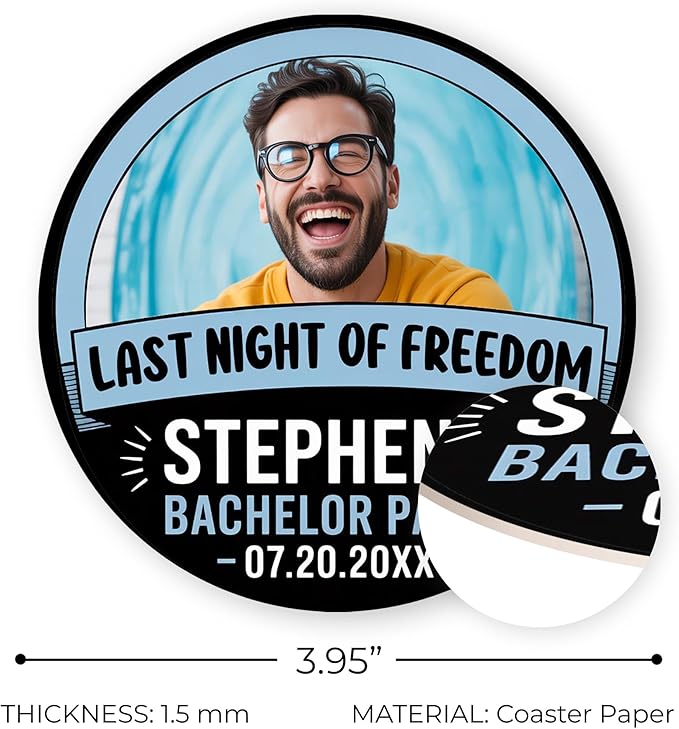 10 Pack Personalized Bachelor Party Coasters, Custom Cardboard Drink Coasters with Photo Print and Text, Fun Bachelor Party Favors and Gifts, 3.95" Round, Design 3