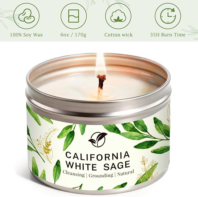 Sage Candles for Cleansing, White Sage Candle 6 Oz- 35 Hour Burn Time, Soy Wax Aromatherapy Candles for Cleansing House Negative Energy Smudge Kit, Scented Candle Gifts for Women