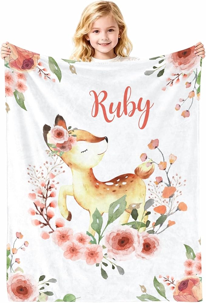 Custom Baby Name Deer Floral Blanket Personalized Blanket with Name Receiving Security Swaddle Blanket for Baby Girls Personalized, 30"x 40"