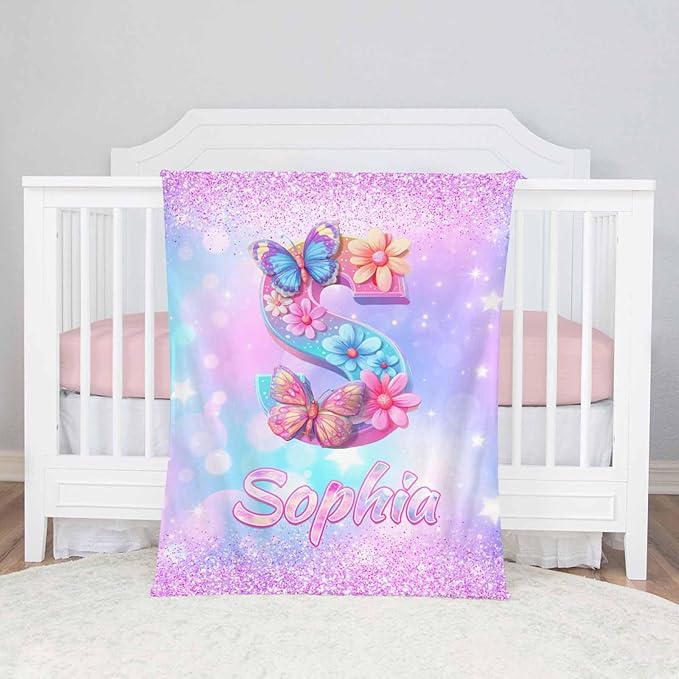 D-Story Ship Next Day, Personalized Baby Blanket with Name, Custom Baby Blanket for Kids, Butterfly Blankets in Easter Personalized Baby Gifts for Infant Newborn Shower