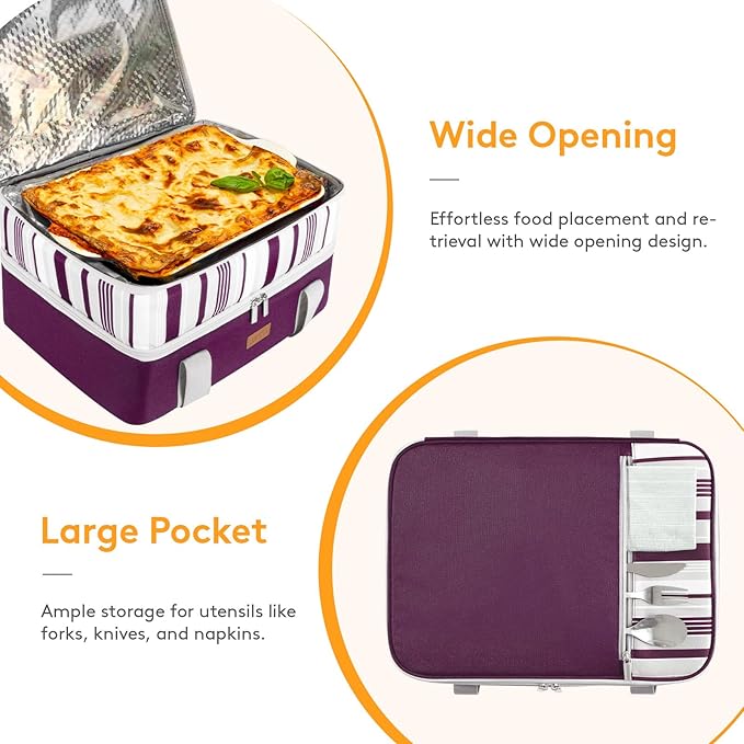 LUNCIA Insulated Double Decker Casserole Carrier, Lasagna Lugger Tote Keeps Food Hot or Cold, Thermal Lunch Bag for Potluck Parties, Picnic and Cookouts, Fits 9" x 13" Baking Dish, Purple