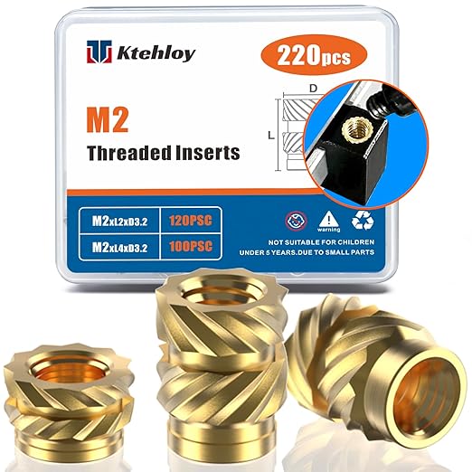 220Pcs M2 Threaded Inserts, M2 Female Thread Metric Knurled Nuts Assortment Kit, Brass Heat Set Insert for Plastic and 3D Printing Components (M2x2x3.2, M2x4x3.2