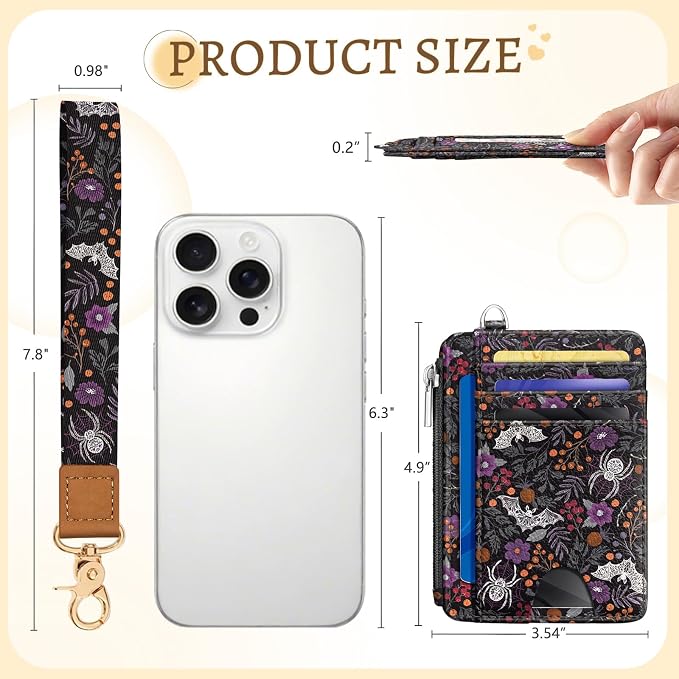 Kelvoris Credit Card Holder Small Wallet Women, Slim RFID, Bat Spider Goth | Keychain, Zipper Coin Pocket, Front Pocket Thin Travel Card Case, Minimalist, 6 Card Slots, 1 ID Window, Ladies Gifts Woman