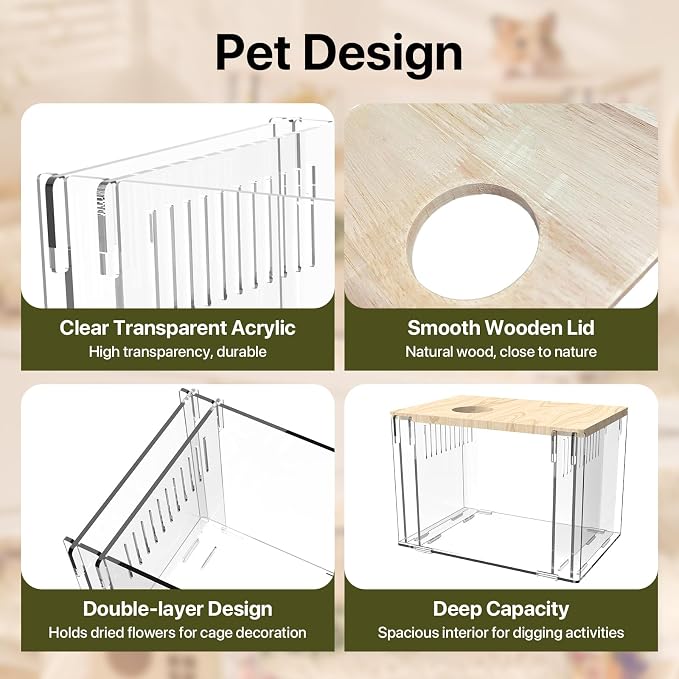 Fully Detachable Hamster Digging Box, Removable Acrylic Panels & Wooden Lid, Extra Deep Clear Panoramic Burrow, Dual-Side DIY Habitat, L Size for Syrian Hamsters, Gerbils, Degus