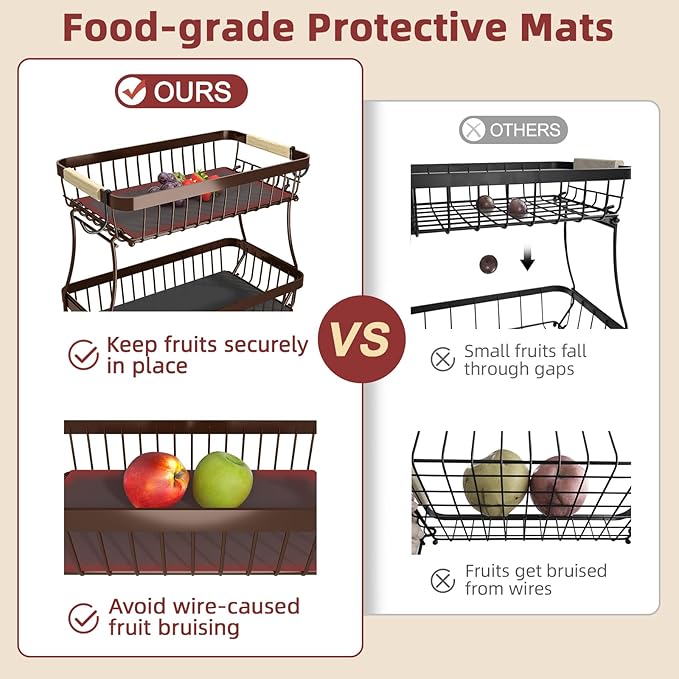 2 Tier Large Fruit Basket for Kitchen Counter with 2 Mobile Banana Hangers, 2026 Pro Detachable Metal Fruit Bowl with Wooden Handle (Brown, 2 Tier)
