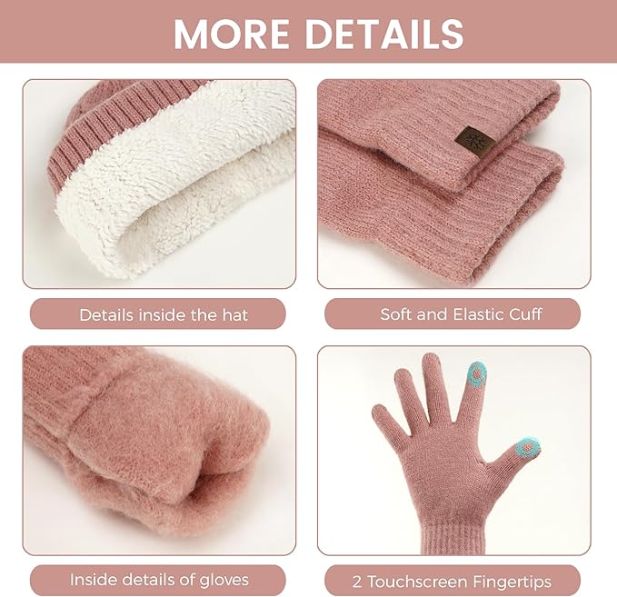 Womens Winter Beanie Hat Scarf Gloves Set, Knit Touch Screen Gloves Long Scarf Skull Caps Fleece Lined Winter Gift
