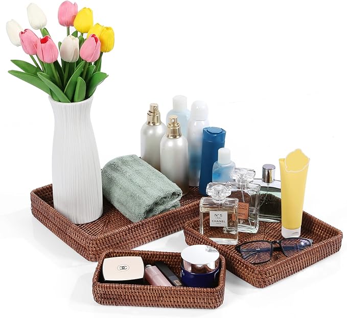 Rattan Serving Tray, Rectangular Woven Tray, Natural Wicker Decorative Serving Baskets for Organizing Tabletop Bathroom Kitchen Counter (Dark Brown)