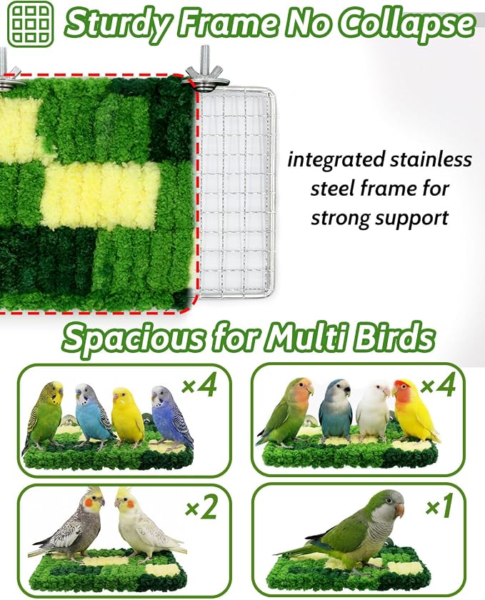 Warm Coral Fleece Bird Perch, Soft & Gentle for Sensitive Feet | Hanging Flat Resting Platform with Sturdy Frame, Secure Foot Grip, Spacious Perch for 1-2 Birds, Budgies & Cockatiels