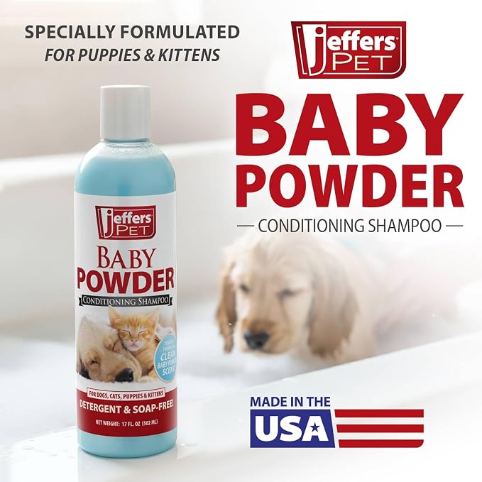 Jeffers Pet Baby Powder Tearless Shampoo for Puppies & Kittens, 17 oz - Concentrated Deodorizing Shampoo for Dogs & Cats with Natural Oils & Conditioners, pH Balanced, Soap Free Formula, Made in USA