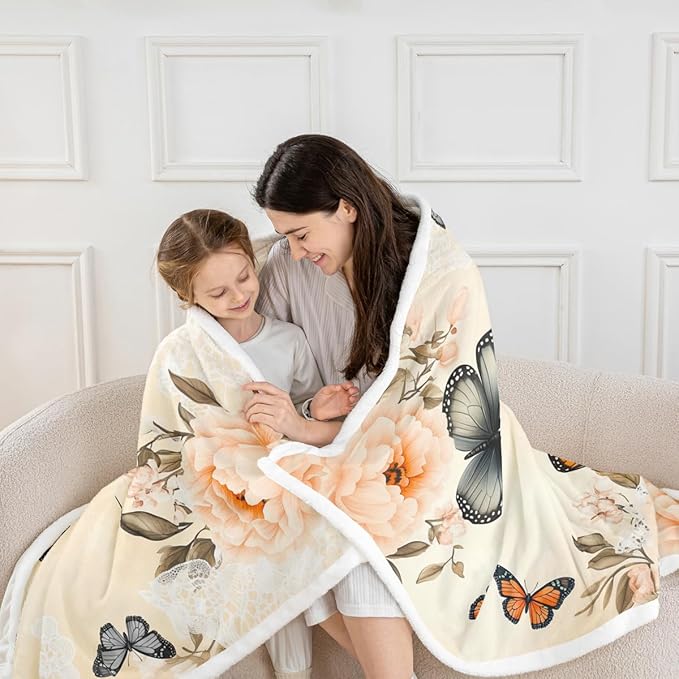 Feelyou Girls Butterfly Fleece Throw Blanket Throw 50"x60" Kids Gray Yellow Sherpa Blanket Plush Fuzzy for Bed Couch Chair Living Room, Chic Gorgeous Bed Blanket Noble Flower Room Decor