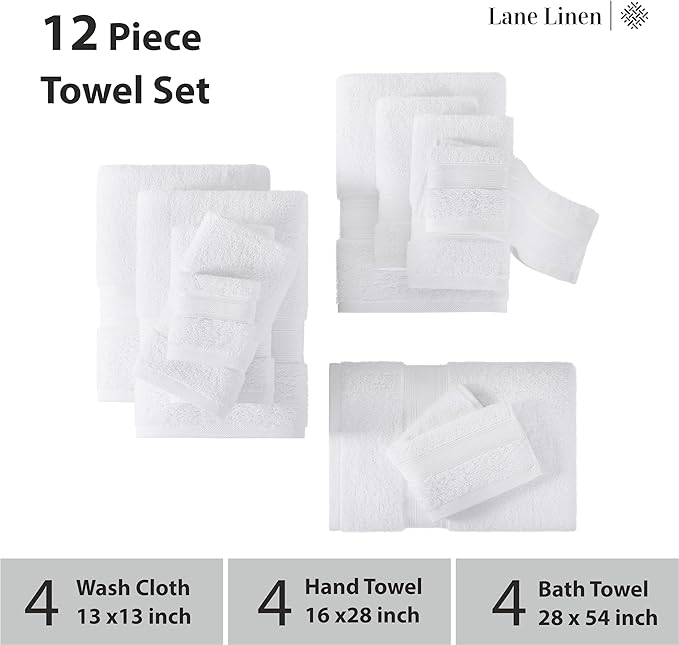 LANE LINEN 100% Ring-Spun Cotton Bath Towels Set of 12 – Zero Twist, 4 Bath, 4 Hand Towel & 4 Washcloths, Soft, Ideal for Spa Hotel & Home, Durable After Multiple Washes – White Towels