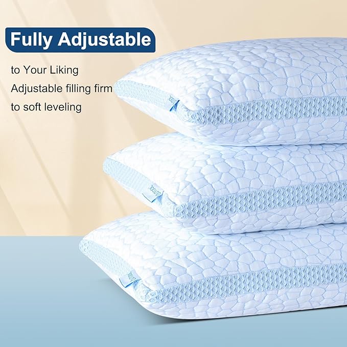 QUTOOL Enhanced Cooling Pillows for Sleeping, CertiPUR-US Shredded Memory Foam Pillows Standard Size Set of 1 for Hot Sleeper, Adjustable Pillow for Side, Back, Stomach Sleepers Support Yet Soft, Blue