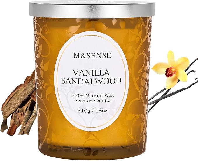 M&SENSE Vanilla Sandalwood Candle, Cracking Wooden Wick Soy Wax, 18oz 100 Hours Long Lasting Clean Burn, Large Jar Candles for Fall Winter Home Scented, Non-Toxic Relaxing Aromatherapy Gifts for Women