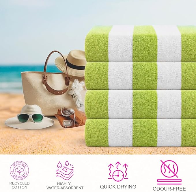 CASA COPENHAGEN Cabana Towel Designed in Denmark Rough and Tough, Quick Dry, Beach, Pool, Bath & Shower 30x60 inches 32 Pieces Cotton Beach Bath Towels Set - Green