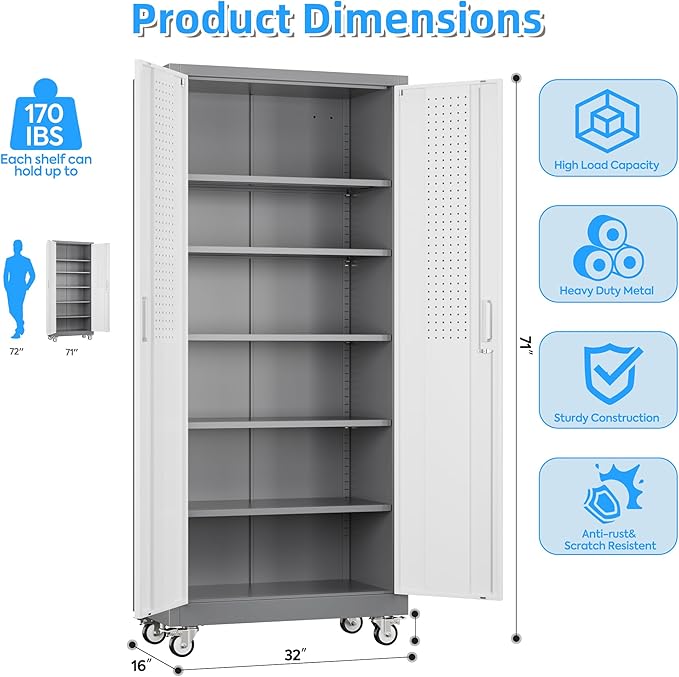 71" H Garage Storage Cabinet with Wheels, Lockable Metal Storage Cabinet with Doors,5 Adjustable Shelves and Pegboard for Garage Home Utility Room,Required Assembly,Grey&White