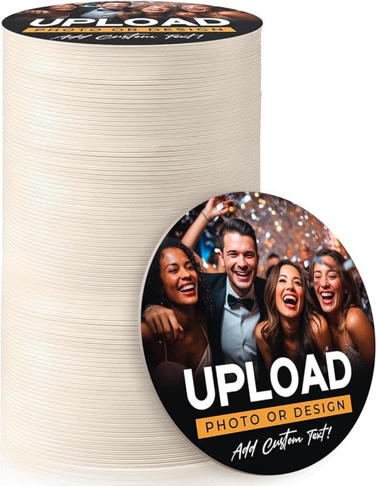 100 Pack, Personalized Drink Coasters, Custom Cardboard Coasters with Photo and Text, Design Your Own Coaster for Events, Parties, Bars, and Unique Gifts, 3.95" Round