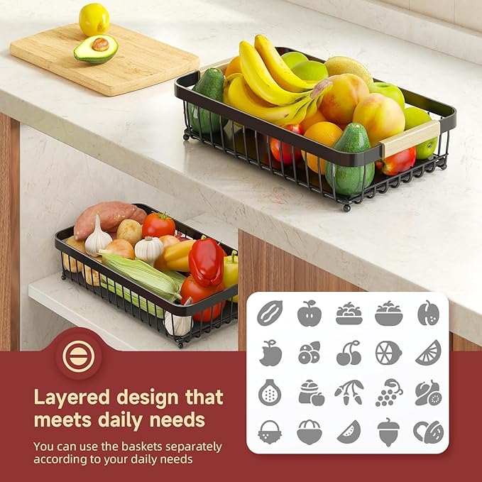 2 Tier Large Fruit Basket for Kitchen Counter with 2 Mobile Banana Hangers, 2026 Pro Detachable Metal Fruit Bowl with Wooden Handle, Fruit Holder for Bread Snack Veggies with Protective Mats
