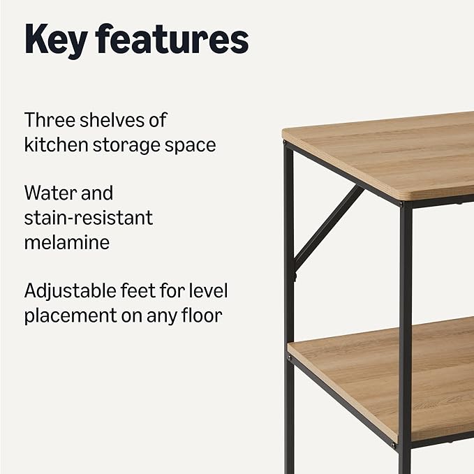 Amazon Basics Kitchen Island with 3 Storage Shelves, Black and Oak Effect