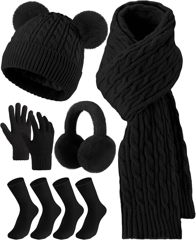 Geyoga 6 Pcs Winter Warm Fleece Knit Hat Long Scarf Touchscreen Gloves Ear Muffs Socks Sets, Winter Warm Gifts for Women
