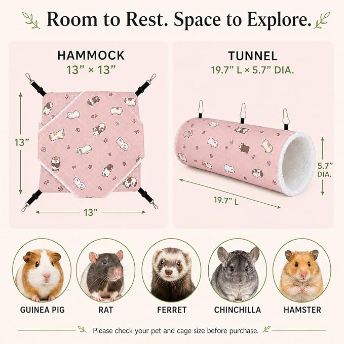 Small Pet Hammock & Tunnel Set for Ferrets, Guinea Pigs, Rats - Plush Hideout Bed & Cage Toy, 2-Pack, Pink Guinea Pig Print