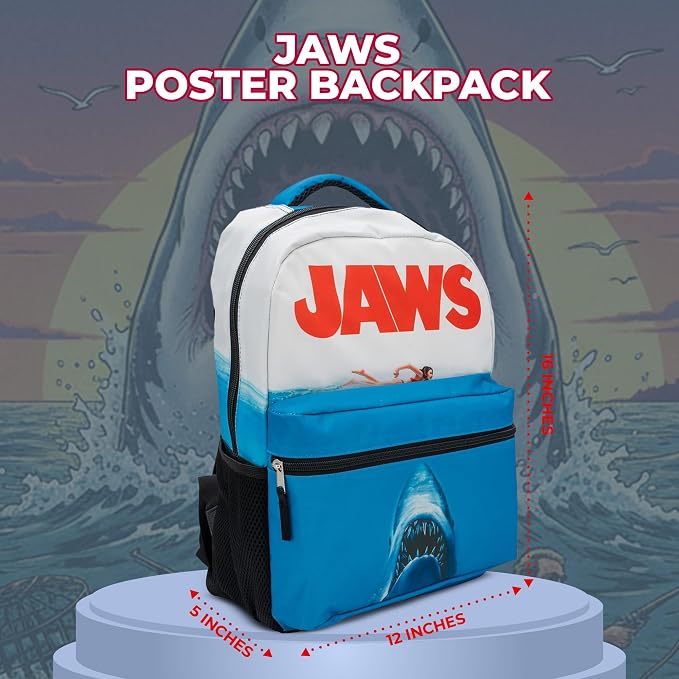 JAWS Movie Poster Backpack, 16 x 12 x 5 Inches, Shark School Bag with Laptop Pocket, 50th Anniversary Edition