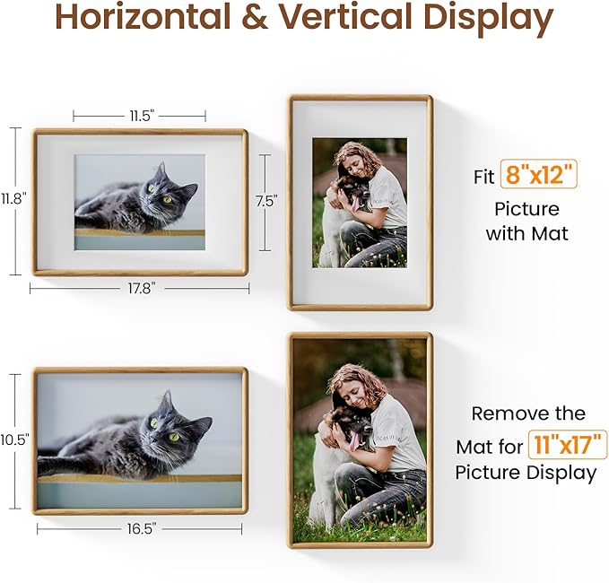 11x17 Picture Frame Natural Oak Wood From California-USA with Real Tempered Glass, Handcrafted 11 x 17 Diploma Frame Matted to 8x12 Photo,Certificate,Degree,Graduation Picture Display on Wall