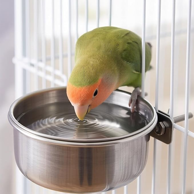 3 Pcs Stainless Steel Bird Feeding Cups with Clamp Holder - Birdcage Food Water Dish Bowls for Cockatiel Parakeet Macaw Finches Lovebirds Small Animals