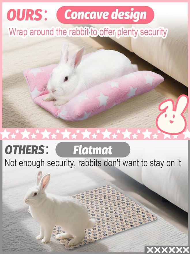 MEWTOGO 15.7" x 14" Bunny Bed for Rabbit Cage, Thickened & Soft | Prevent Sore Hocks Plush Mat with Cotton Lounger Pillows, Small Animal Flop Mat for Hutch Sleeping Indoor, Pink-Star