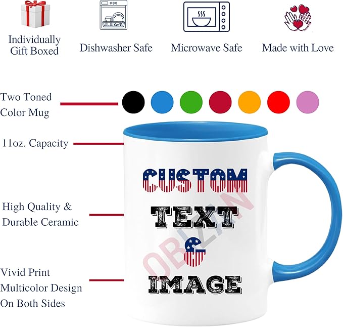 Custom Coffee Mug with Photo, Text, or Logo | Personalized Ceramic Mug 11oz | Customizable Gift for Men, Women | Unique Gift for Birthdays, Holidays, Christmas | White - Blue